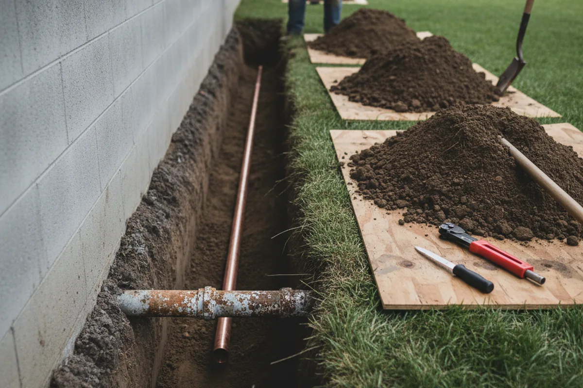 Excavated water line trench during Sewer Line Repair in Stone